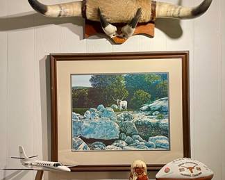 MOUNTED LONGHORN HORNS, TEXAS LONGHORN NESTING DOLLS, 2005 NATIONAL CHAMPION FOOTBALL, LONGHORN PRINT BY GEORGE BOUTWELL