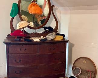 ANTIQUE DRESSER WITH OVAL MIRROR, VINTAGE HAT COLLECTION