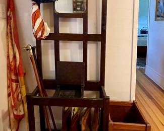 ANTIQUE HALL TREE, WALKING CANES, OLD COWBOY BOOTS