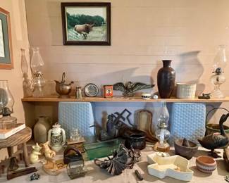 FARMHOUSE DECOR, OIL LAMPS, MORTAR & PESTLE, BRASS EAGLE WALL DECOR, POTTERY, TEXAS DECOR