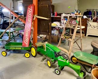 JOHN DEERE PEDAL TRACTOR, JOHN DEERE WAGON, JOHN DEERE KID’S WHEELBARROW, VINTAGE WOOD LADDER, TAYLOR COUNTRY SIGN