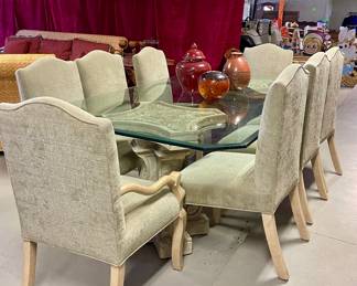 DOUBLE PEDESTAL BEVELED GLASS TOP TABLE WITH 8 UPHOLSTERED CHAIRS
