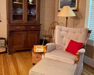 ANTIQUE STEP BACK CUPBOARD, VINTAGE CHAIR WITH OTTOMAN, FLOOR LAMP