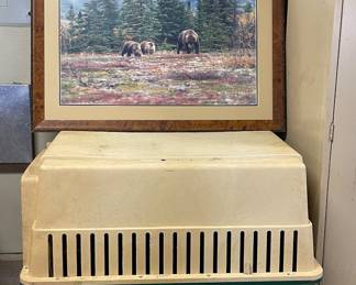 LARGE DOG CARRIER, FRAMED SIGNED BEAR PRINT