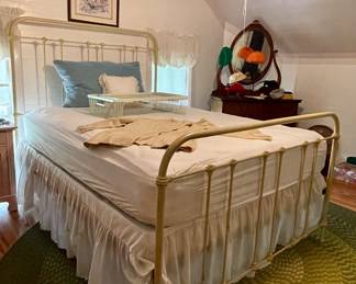 ANTIQUE FULL IRON BED, FULL MATTRESS, VINTAGE RATTAN SERVING TRAY