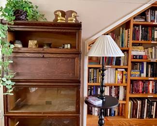 ANTIQUE 4 STACK LAWYER BOOKCASE, ANTIQUE SIDE TABLE LAMP, BRASS BOOKENDS AND SPITTOON