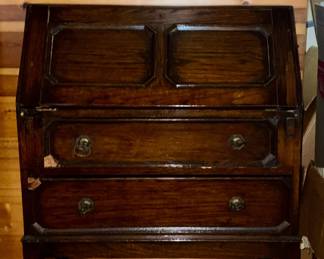 VINTAGE DARK OAK FALL-FRONT DESK WITH DRAWERS