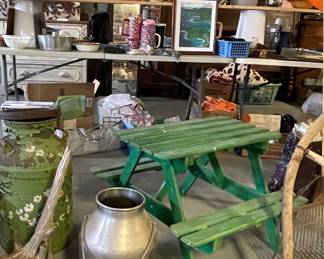 CHILD’S GREEN PICNIC TABLE, STAINLESS MILK CAN