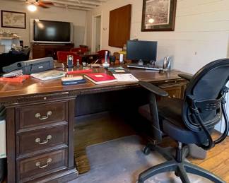 OFFICE CHAIR, SOLID WOOD DESK, DELL MONITOR AND KEYBOARD