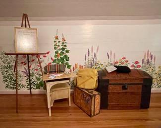 ART EASELS, VINTAGE SCHOOL DESK, CAMEL BACK TRUNK