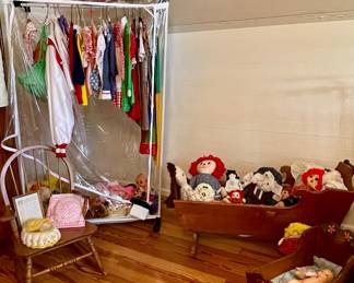 VINTAGE DOLL FURNITURE, VINTAGE KIDS CLOTHES, DOLLS