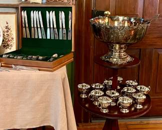 2 TIER ACCENT TABLE, ONEIDA SILVER-PLATE FLATWARE SET, VINTAGE WALLACE BAROQUE SILVER PLATE PUNCH BOWL SET