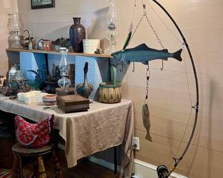 UNIQUE FISHING POLE LAMP, ANTIQUE MILKING STOOL