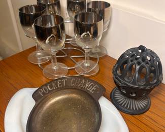 Vintage Brass Coin embossed change holder, MCM Silver Ombre Luster Stemware