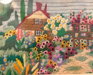 Vintage Enchanted Cottage Country Needlepoint Crewel Art