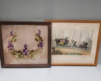 Lot 179  Vintage French etching and vintage embroidery of