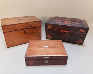 Lot 303  Antique English wood tea caddies and trinket box