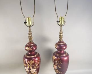Lot 491  Pair of metal hand painted floral table lamps