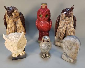 Lot 478  Group of owl figurines, ceramic, stone and metal