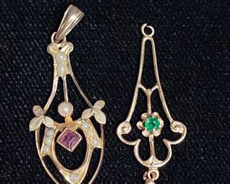 054  Lot 291h  10k gold Victorian amethyst and emerald pendants