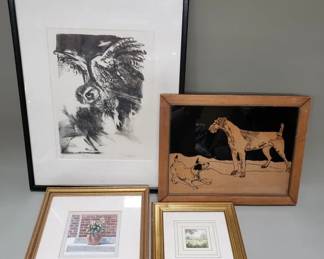 Lot 480  Signed owl lithograph, vintage dogs on glass,