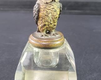 Lot 226  Antique metal and glass owl figure inkwell