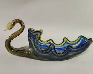 Lot 395  Vintage hand blown glass swan form center bowl