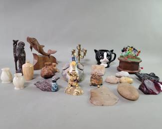 Lot 398  Carved wood figures, rock specimens, onyx,