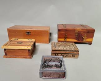 Lot 379  Group of pine, walnut, glass trinket boxes