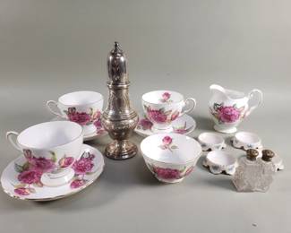 Lot 309  Box of misc teacups, saucers, sugar shaker, etc