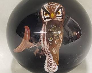 Lot 536  Signed art glass brown owl paperweight