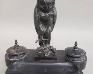 Lot 494  Antique bronze and stone owl motif inkwell