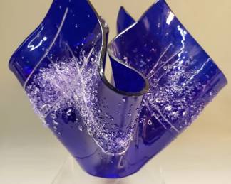 Lot 41  Signed cobalt blue fused glass handkerchief vase