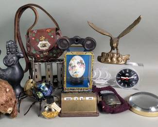 Lot 453  Box of misc. Signed glass and metal spider, desk