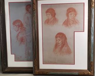 Lot 240  Pair of antique signed sanguine sketches, framed
