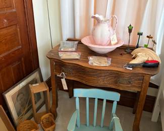 Oak table, pitcher, childs rocker