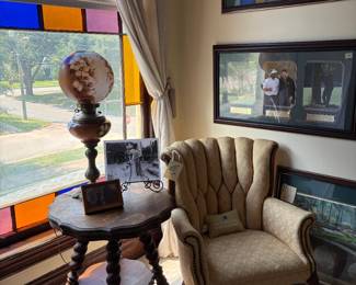 gone with the wind lamp, oak table, channel back chair
