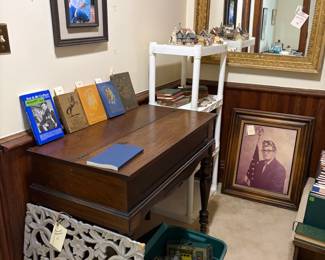 spinet desk, old books