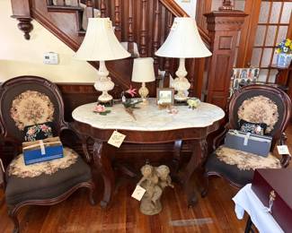 Victorian chairs, marble top table, lamps