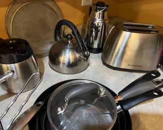 POTS AND PANS, SMALL APPLIANCES, TEA KETTLE, ETC