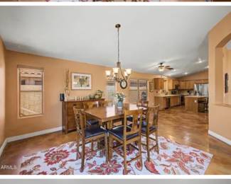 DARLING AREA RUG, DINING SET WITH 6 CHAIRS, COORDINATING BUFFET - TERRIFIC STORAGE