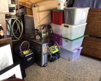 Power washer, metal can, tennis balls w/carrying cart, storage bins