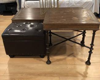 Coffee & side tables, wood & metal legs & brown storage ottoman 