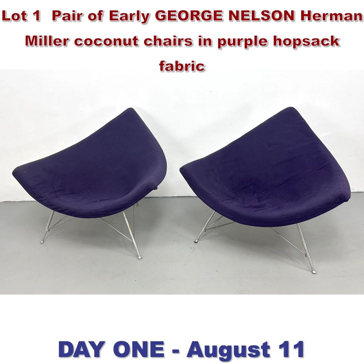 Lot 1 Pair of Early GEORGE NELSON Herman Miller coconut chairs in purple hopsack fabric
