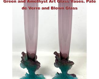 Lot 74 Pair of French Daum Bacchus Vases. Green and Amethyst Art Glass Vases. Pate de Verre and Blown Glass