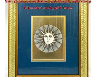 Lot 14 Framed Piero Fornasetti style Soli Sun print on metallic gold field with deep blue mat and gold tone