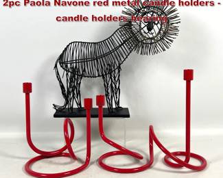 Lot 354 3pc Lot. Metal Lion sculpture and 2pc Paola Navone red metal candle holders  candle holders bearing