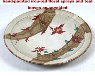 Lot 85 Studio pottery ceramic platter with handpainted ironred floral sprays and teal leaves on speckled 