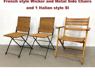 Lot 453 3pc Lot of Folding Garden Chairs. 2 French style Wicker and Metal Side Chairs and 1 Italian style Sl