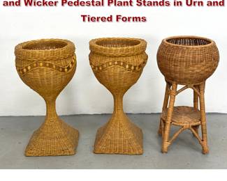 Lot 458 3pc Group of Vintage Woven Rattan and Wicker Pedestal Plant Stands in Urn and Tiered Forms